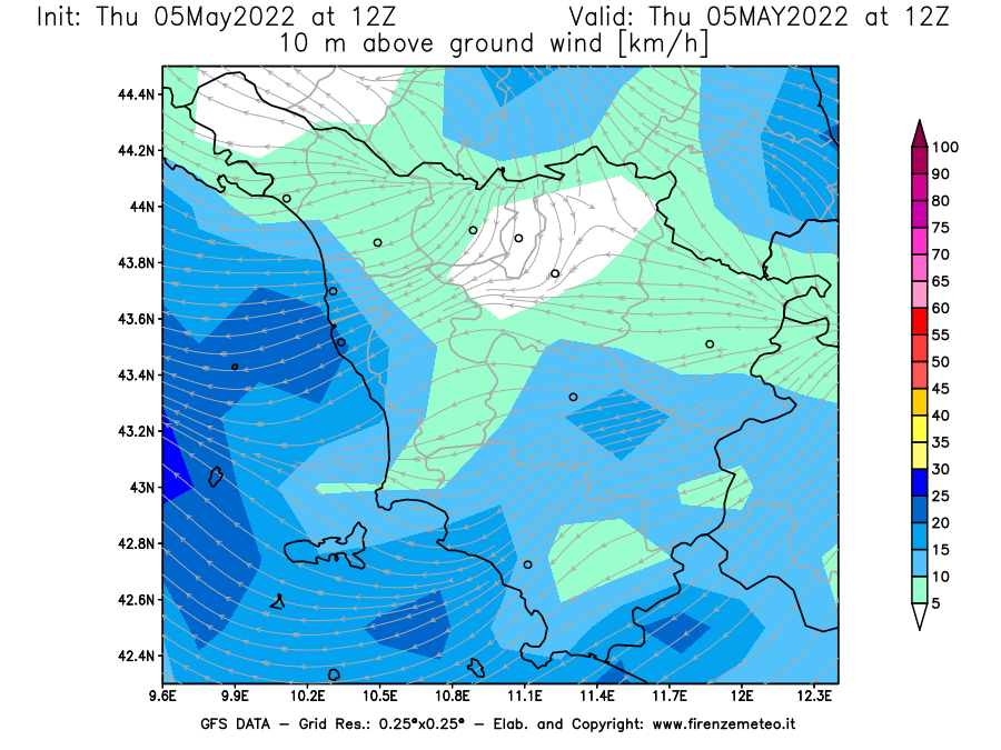 Mappa di analisi GFS - Velocità del vento a 10 metri dal suolo [km/h] in Toscana
									del 05/05/2022 12 <!--googleoff: index-->UTC<!--googleon: index-->