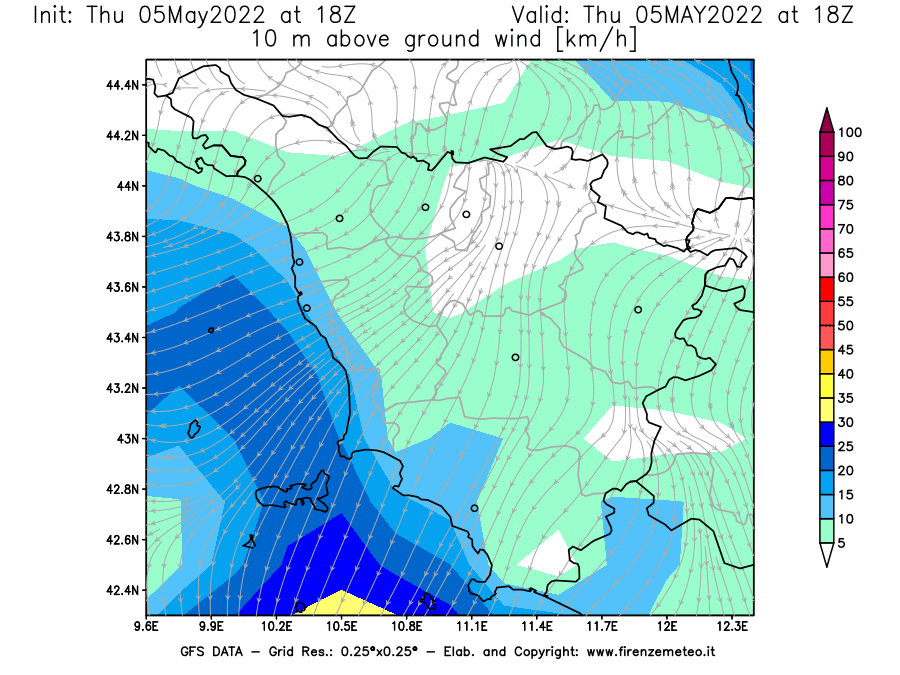 Mappa di analisi GFS - Velocità del vento a 10 metri dal suolo [km/h] in Toscana
									del 05/05/2022 18 <!--googleoff: index-->UTC<!--googleon: index-->