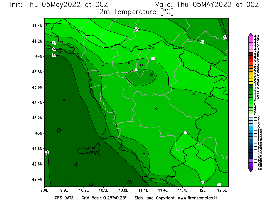 Mappa di analisi GFS - Temperatura a 2 metri dal suolo [°C] in Toscana
									del 05/05/2022 00 <!--googleoff: index-->UTC<!--googleon: index-->
