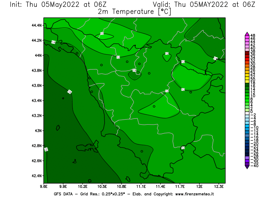 Mappa di analisi GFS - Temperatura a 2 metri dal suolo [°C] in Toscana
									del 05/05/2022 06 <!--googleoff: index-->UTC<!--googleon: index-->