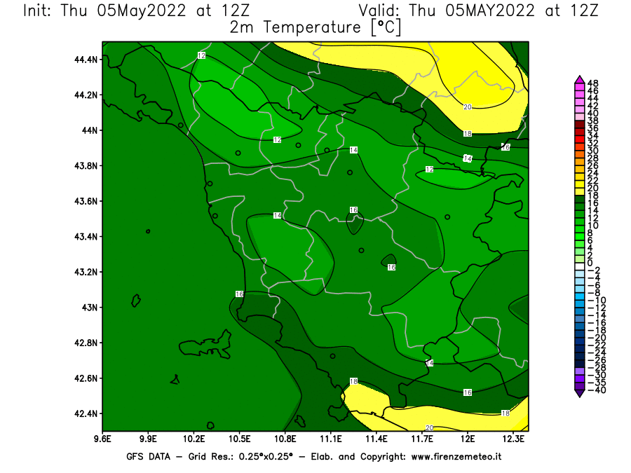 Mappa di analisi GFS - Temperatura a 2 metri dal suolo [°C] in Toscana
									del 05/05/2022 12 <!--googleoff: index-->UTC<!--googleon: index-->