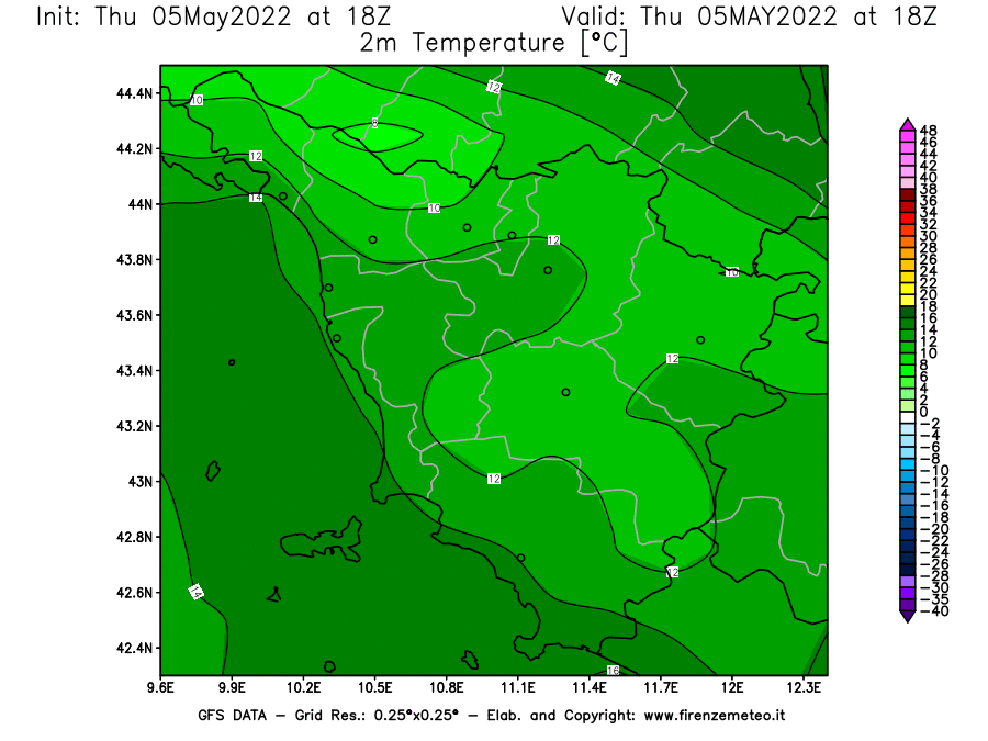 Mappa di analisi GFS - Temperatura a 2 metri dal suolo [°C] in Toscana
									del 05/05/2022 18 <!--googleoff: index-->UTC<!--googleon: index-->