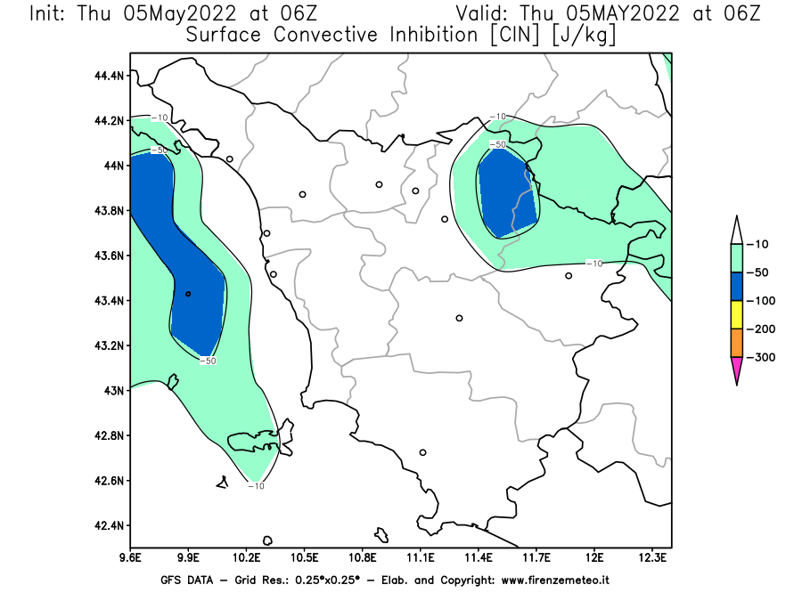 Mappa di analisi GFS - CIN [J/kg] in Toscana
									del 05/05/2022 06 <!--googleoff: index-->UTC<!--googleon: index-->