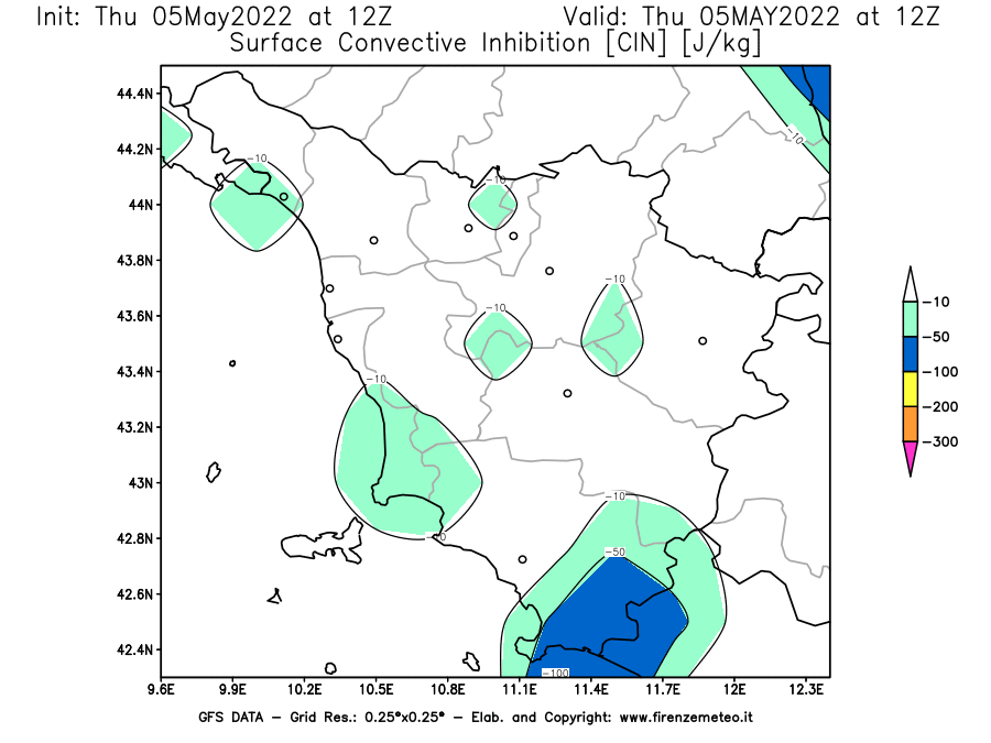 Mappa di analisi GFS - CIN [J/kg] in Toscana
									del 05/05/2022 12 <!--googleoff: index-->UTC<!--googleon: index-->