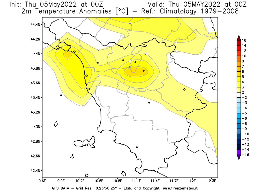 Mappa di analisi GFS - Anomalia Temperatura [°C] a 2 m in Toscana
									del 05/05/2022 00 <!--googleoff: index-->UTC<!--googleon: index-->