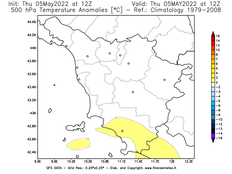 Mappa di analisi GFS - Anomalia Temperatura [°C] a 500 hPa in Toscana
									del 05/05/2022 12 <!--googleoff: index-->UTC<!--googleon: index-->