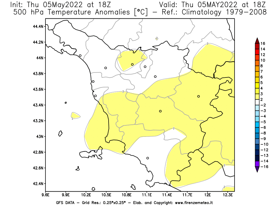 Mappa di analisi GFS - Anomalia Temperatura [°C] a 500 hPa in Toscana
									del 05/05/2022 18 <!--googleoff: index-->UTC<!--googleon: index-->