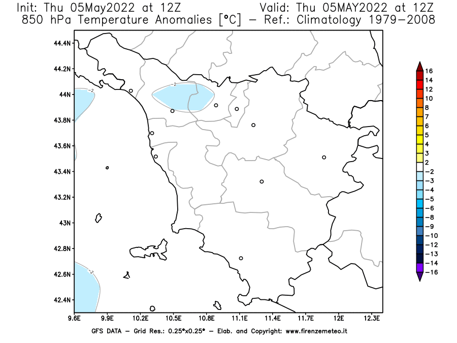 Mappa di analisi GFS - Anomalia Temperatura [°C] a 850 hPa in Toscana
									del 05/05/2022 12 <!--googleoff: index-->UTC<!--googleon: index-->
