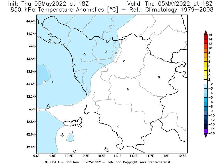 Mappa di analisi GFS - Anomalia Temperatura [°C] a 850 hPa in Toscana
									del 05/05/2022 18 <!--googleoff: index-->UTC<!--googleon: index-->