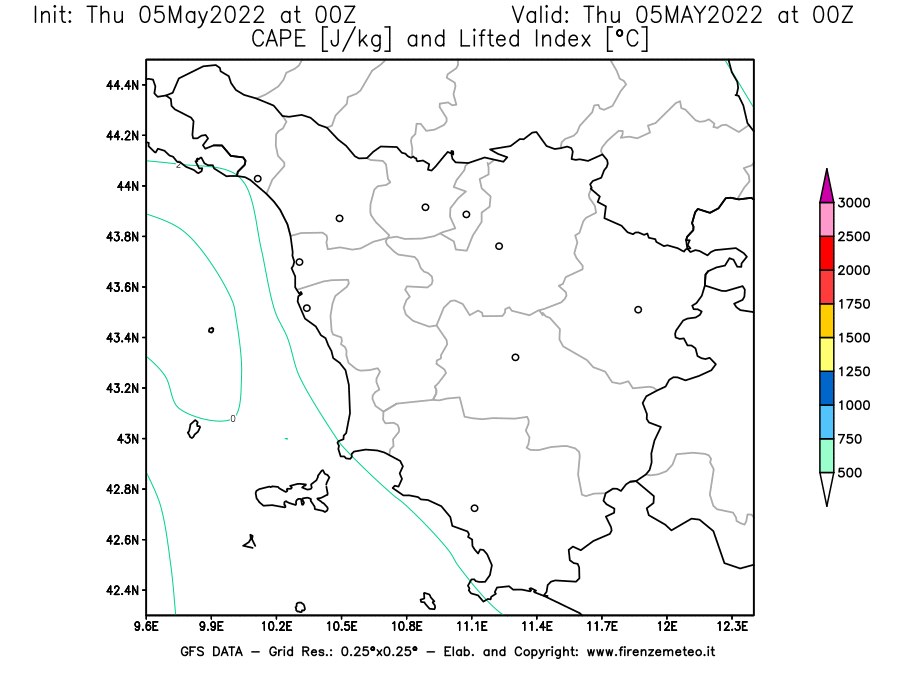 Mappa di analisi GFS - CAPE [J/kg] e Lifted Index [°C] in Toscana
									del 05/05/2022 00 <!--googleoff: index-->UTC<!--googleon: index-->