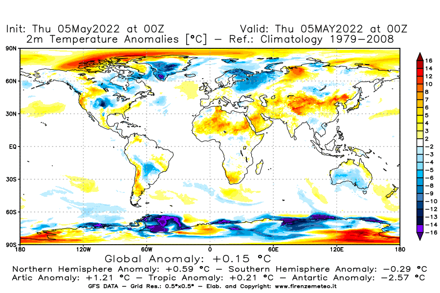 Mappa di analisi GFS - Anomalia Temperatura [°C] a 2 m in World
									del 05/05/2022 00 <!--googleoff: index-->UTC<!--googleon: index-->