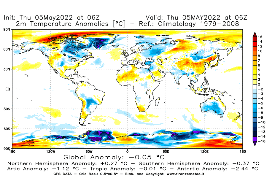 Mappa di analisi GFS - Anomalia Temperatura [°C] a 2 m in World
									del 05/05/2022 06 <!--googleoff: index-->UTC<!--googleon: index-->