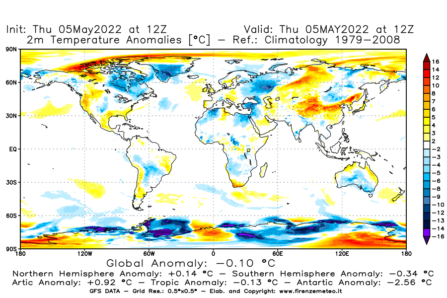 Mappa di analisi GFS - Anomalia Temperatura [°C] a 2 m in World
									del 05/05/2022 12 <!--googleoff: index-->UTC<!--googleon: index-->