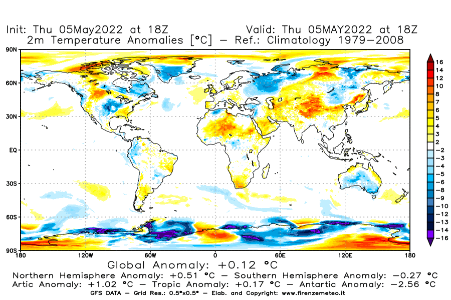 Mappa di analisi GFS - Anomalia Temperatura [°C] a 2 m in World
									del 05/05/2022 18 <!--googleoff: index-->UTC<!--googleon: index-->