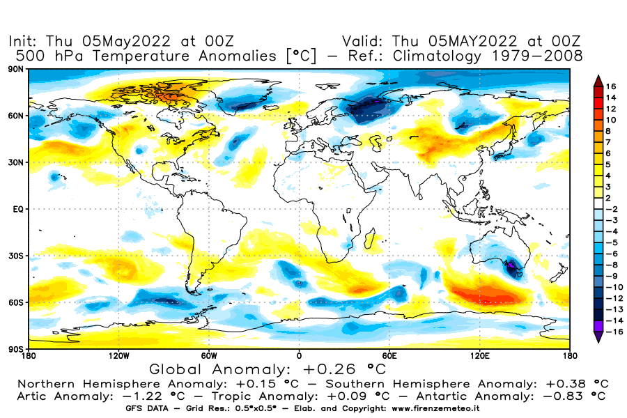 Mappa di analisi GFS - Anomalia Temperatura [°C] a 500 hPa in World
									del 05/05/2022 00 <!--googleoff: index-->UTC<!--googleon: index-->