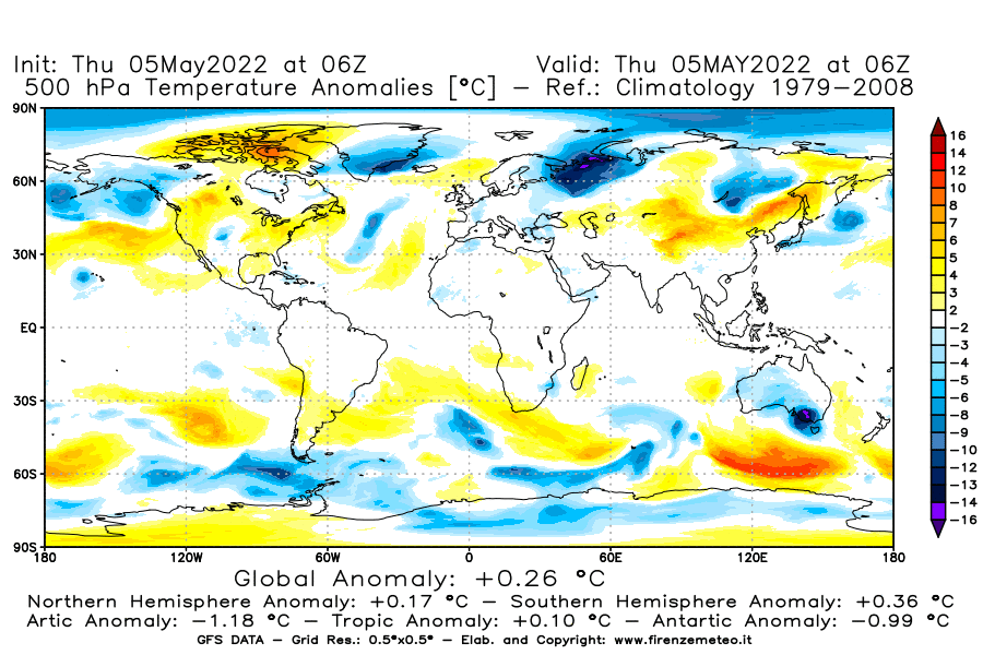 Mappa di analisi GFS - Anomalia Temperatura [°C] a 500 hPa in World
									del 05/05/2022 06 <!--googleoff: index-->UTC<!--googleon: index-->