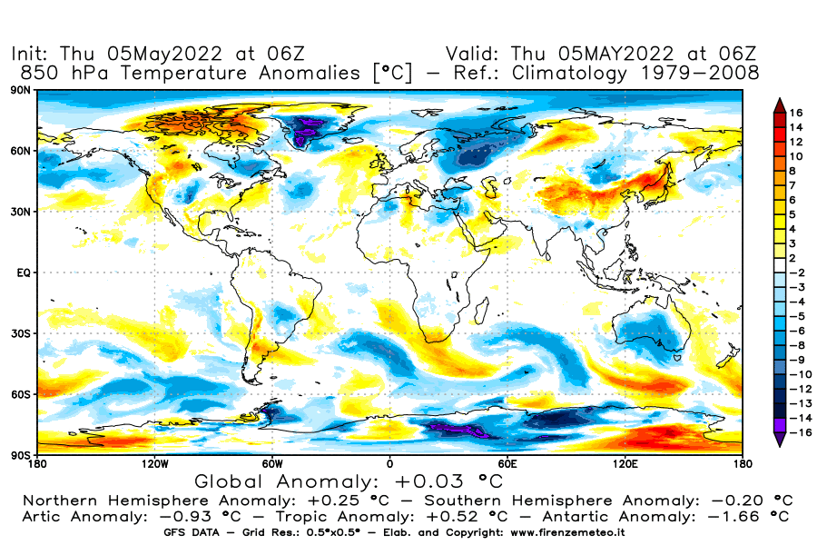 Mappa di analisi GFS - Anomalia Temperatura [°C] a 850 hPa in World
									del 05/05/2022 06 <!--googleoff: index-->UTC<!--googleon: index-->