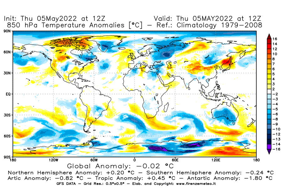 Mappa di analisi GFS - Anomalia Temperatura [°C] a 850 hPa in World
									del 05/05/2022 12 <!--googleoff: index-->UTC<!--googleon: index-->