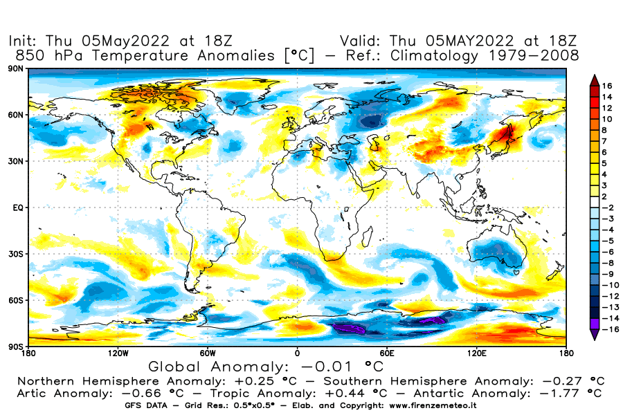 Mappa di analisi GFS - Anomalia Temperatura [°C] a 850 hPa in World
									del 05/05/2022 18 <!--googleoff: index-->UTC<!--googleon: index-->