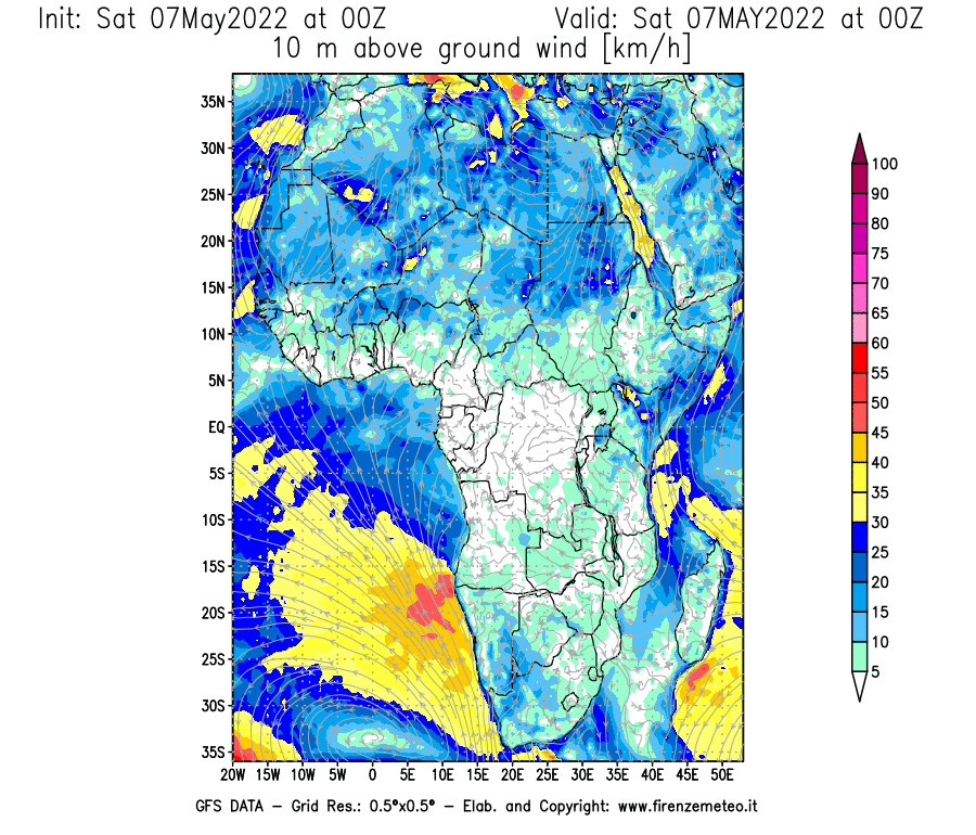 Mappa di analisi GFS - Velocità del vento a 10 metri dal suolo [km/h] in Africa
									del 07/05/2022 00 <!--googleoff: index-->UTC<!--googleon: index-->