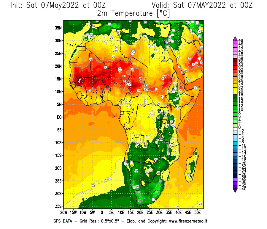 Mappa di analisi GFS - Temperatura a 2 metri dal suolo [°C] in Africa
									del 07/05/2022 00 <!--googleoff: index-->UTC<!--googleon: index-->
