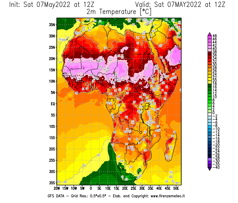 Mappa di analisi GFS - Temperatura a 2 metri dal suolo [°C] in Africa
									del 07/05/2022 12 <!--googleoff: index-->UTC<!--googleon: index-->