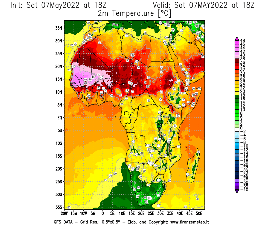 Mappa di analisi GFS - Temperatura a 2 metri dal suolo [°C] in Africa
									del 07/05/2022 18 <!--googleoff: index-->UTC<!--googleon: index-->