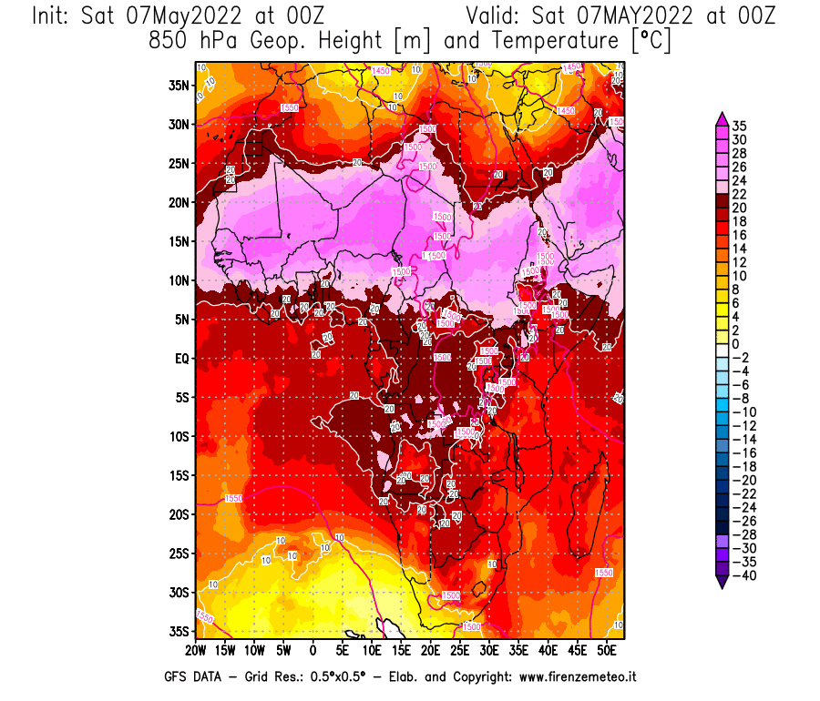 Mappa di analisi GFS - Geopotenziale [m] e Temperatura [°C] a 850 hPa in Africa
									del 07/05/2022 00 <!--googleoff: index-->UTC<!--googleon: index-->