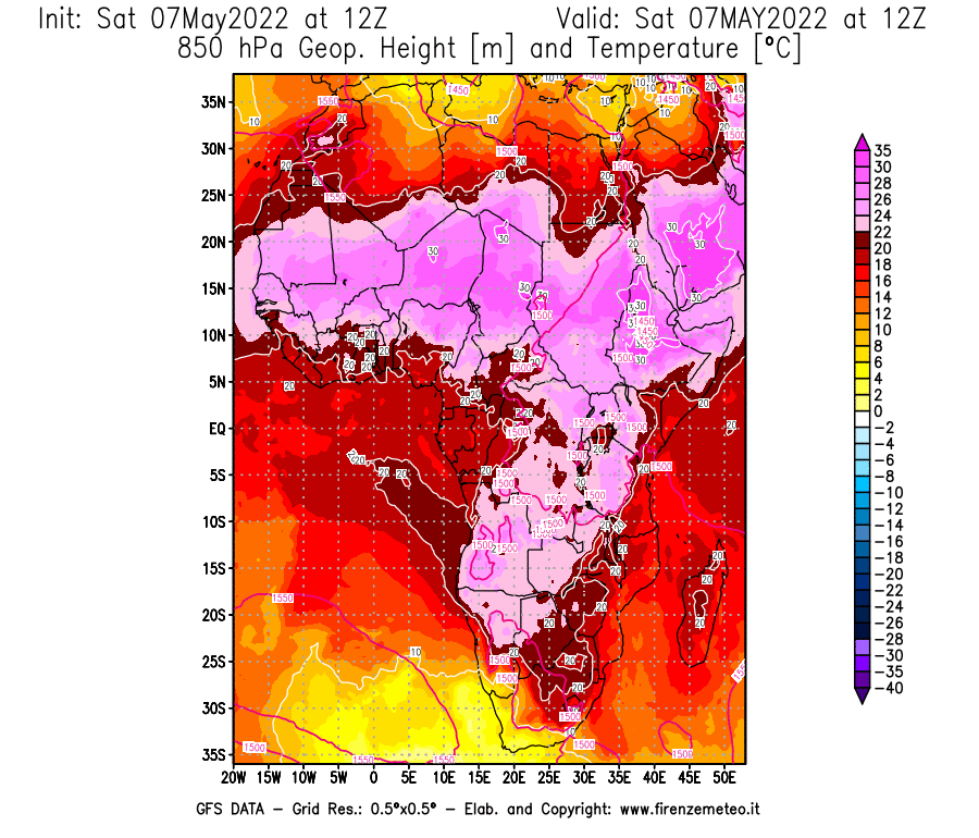 Mappa di analisi GFS - Geopotenziale [m] e Temperatura [°C] a 850 hPa in Africa
									del 07/05/2022 12 <!--googleoff: index-->UTC<!--googleon: index-->