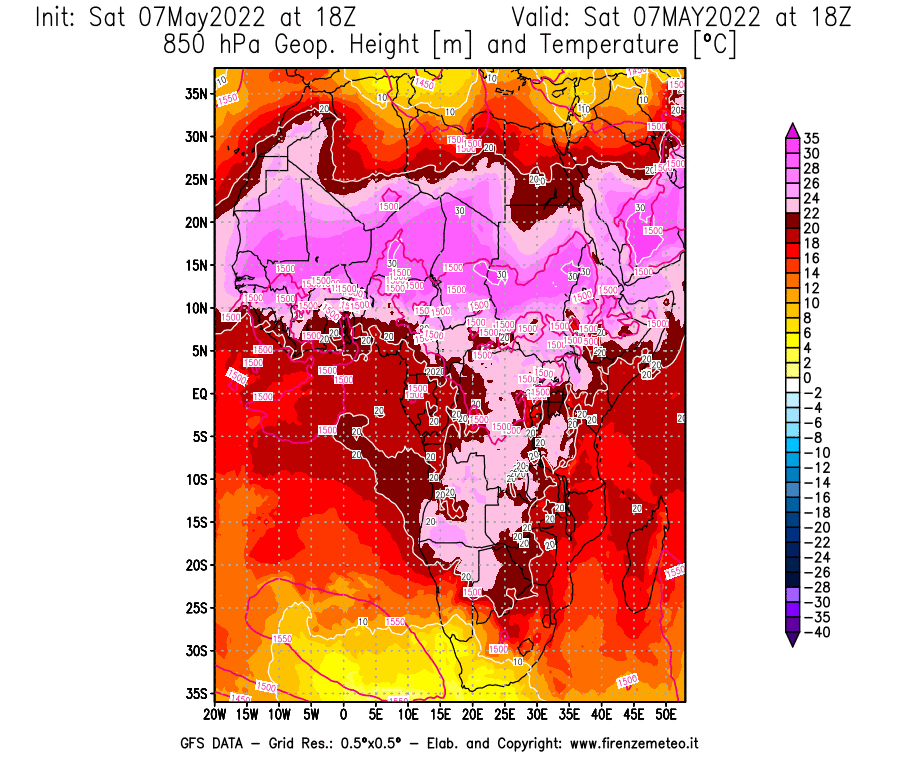 Mappa di analisi GFS - Geopotenziale [m] e Temperatura [°C] a 850 hPa in Africa
									del 07/05/2022 18 <!--googleoff: index-->UTC<!--googleon: index-->
