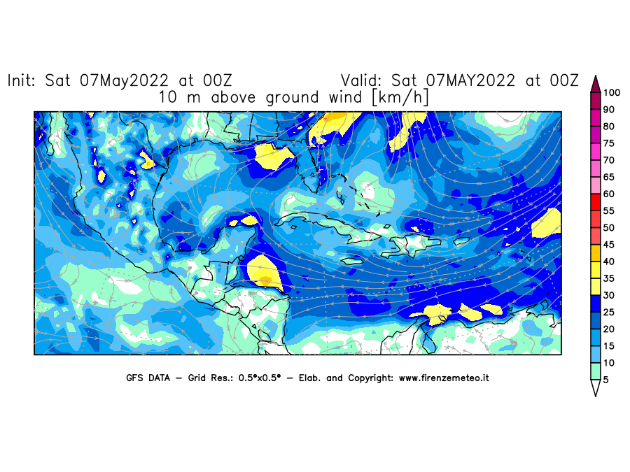 Mappa di analisi GFS - Velocità del vento a 10 metri dal suolo [km/h] in Centro-America
									del 07/05/2022 00 <!--googleoff: index-->UTC<!--googleon: index-->
