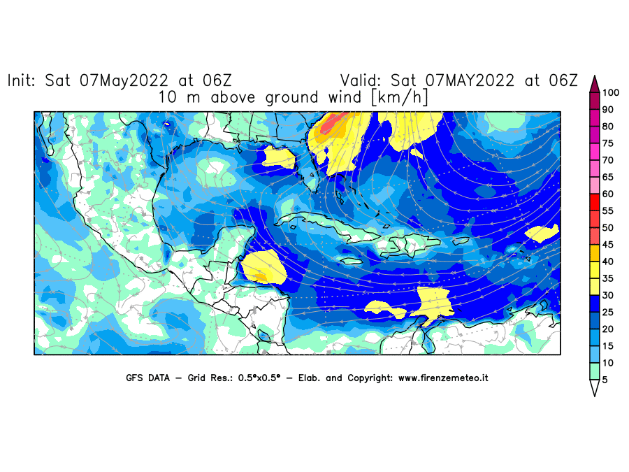 Mappa di analisi GFS - Velocità del vento a 10 metri dal suolo [km/h] in Centro-America
									del 07/05/2022 06 <!--googleoff: index-->UTC<!--googleon: index-->