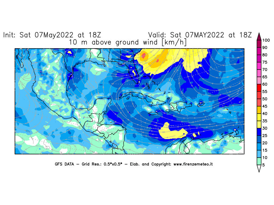 Mappa di analisi GFS - Velocità del vento a 10 metri dal suolo [km/h] in Centro-America
									del 07/05/2022 18 <!--googleoff: index-->UTC<!--googleon: index-->