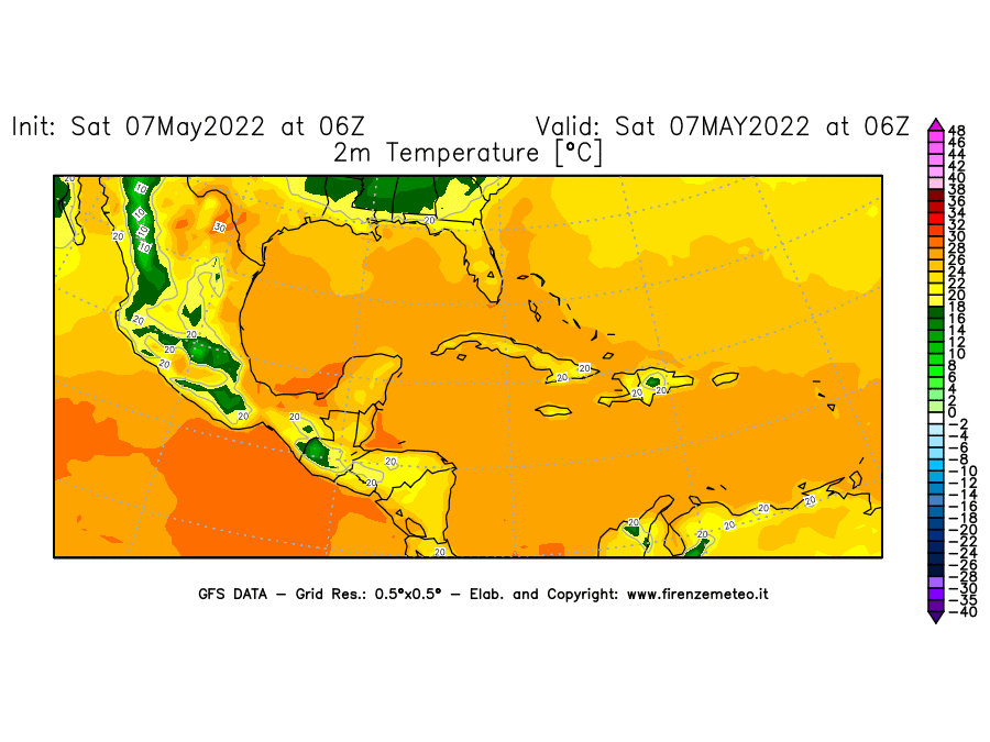 Mappa di analisi GFS - Temperatura a 2 metri dal suolo [°C] in Centro-America
									del 07/05/2022 06 <!--googleoff: index-->UTC<!--googleon: index-->