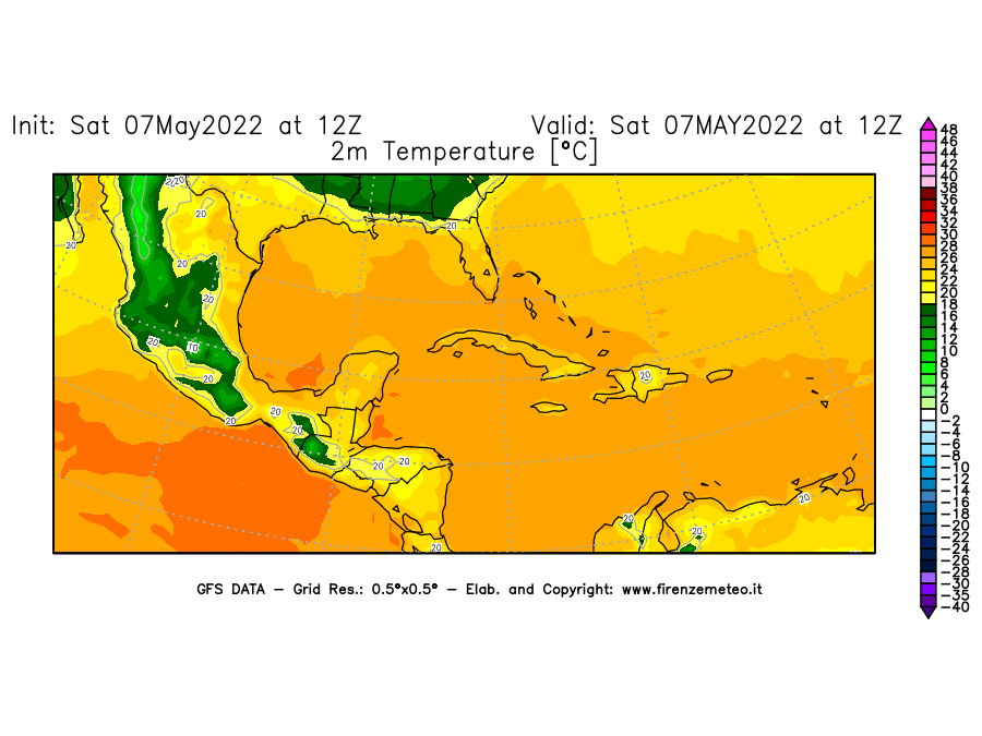 Mappa di analisi GFS - Temperatura a 2 metri dal suolo [°C] in Centro-America
									del 07/05/2022 12 <!--googleoff: index-->UTC<!--googleon: index-->