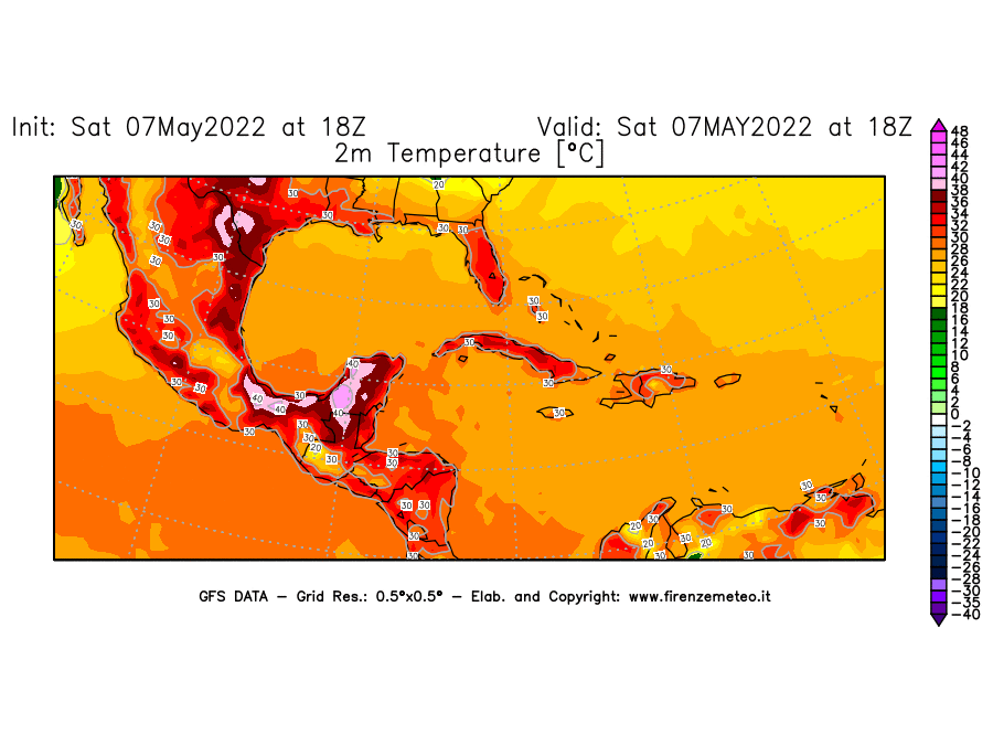 Mappa di analisi GFS - Temperatura a 2 metri dal suolo [°C] in Centro-America
									del 07/05/2022 18 <!--googleoff: index-->UTC<!--googleon: index-->
