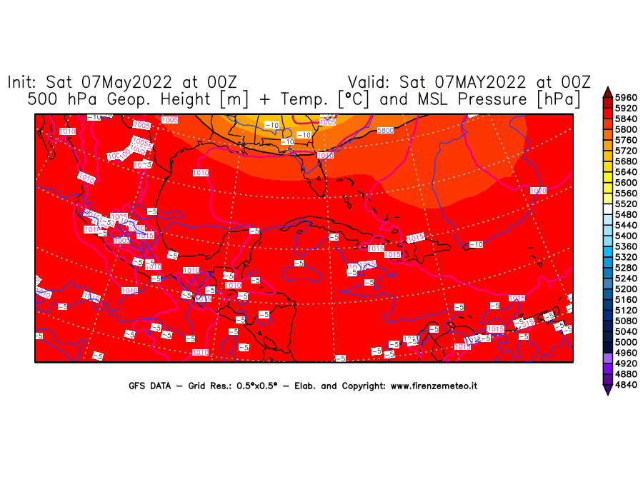 Mappa di analisi GFS - Geopotenziale [m] + Temp. [°C] a 500 hPa + Press. a livello del mare [hPa] in Centro-America
									del 07/05/2022 00 <!--googleoff: index-->UTC<!--googleon: index-->