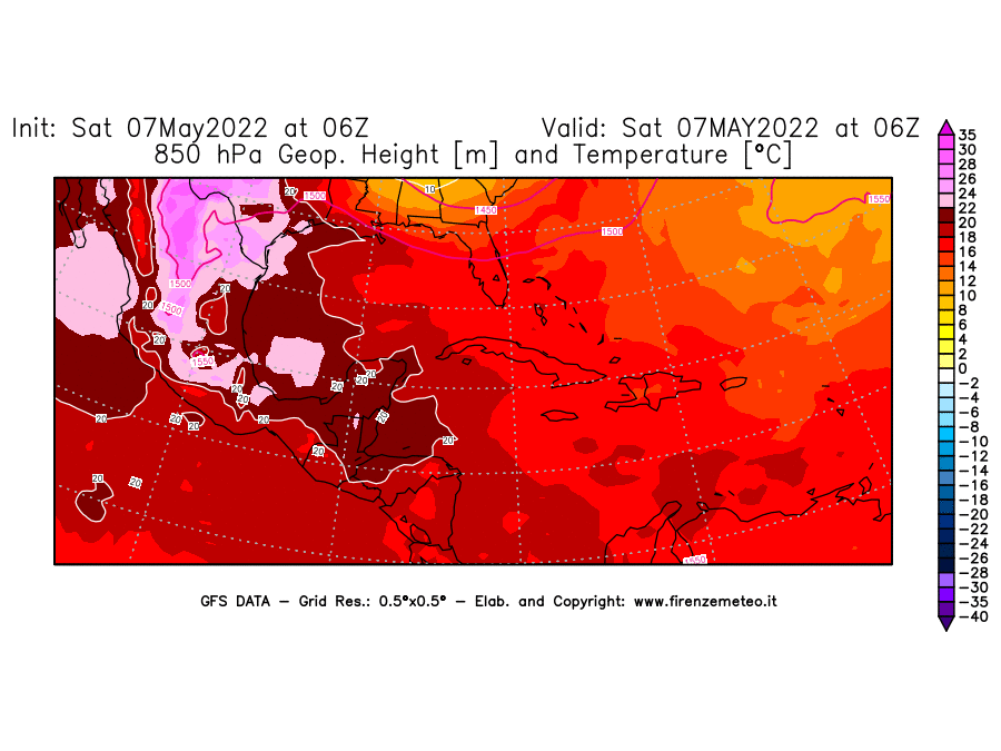 Mappa di analisi GFS - Geopotenziale [m] e Temperatura [°C] a 850 hPa in Centro-America
									del 07/05/2022 06 <!--googleoff: index-->UTC<!--googleon: index-->