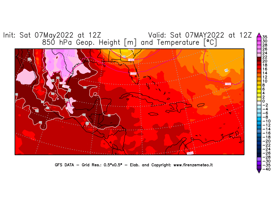 Mappa di analisi GFS - Geopotenziale [m] e Temperatura [°C] a 850 hPa in Centro-America
									del 07/05/2022 12 <!--googleoff: index-->UTC<!--googleon: index-->