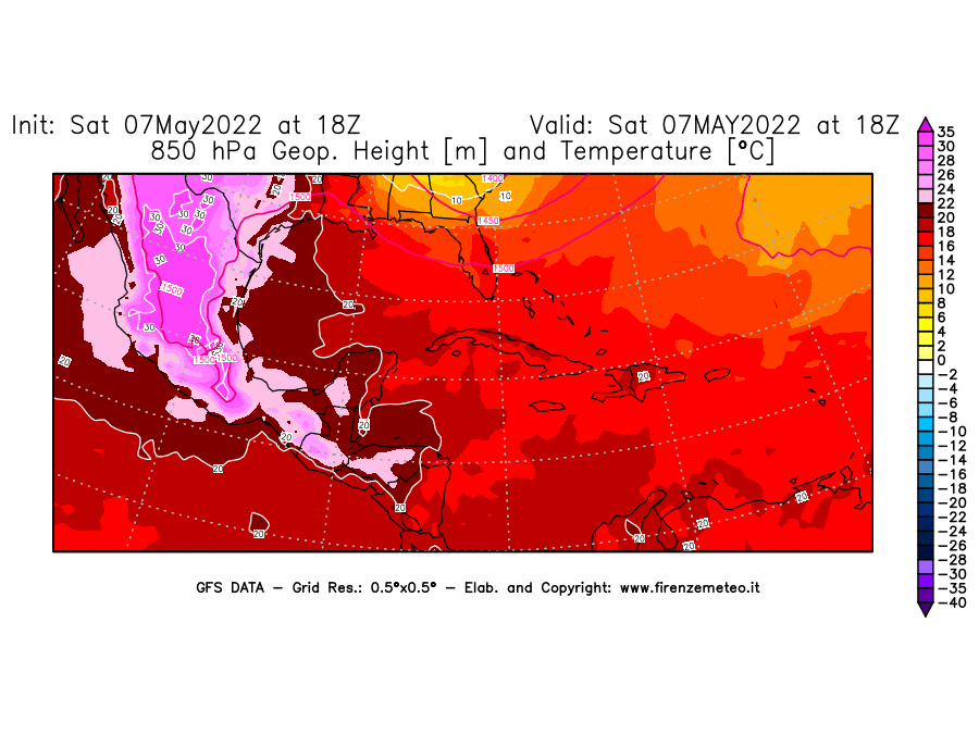 Mappa di analisi GFS - Geopotenziale [m] e Temperatura [°C] a 850 hPa in Centro-America
									del 07/05/2022 18 <!--googleoff: index-->UTC<!--googleon: index-->