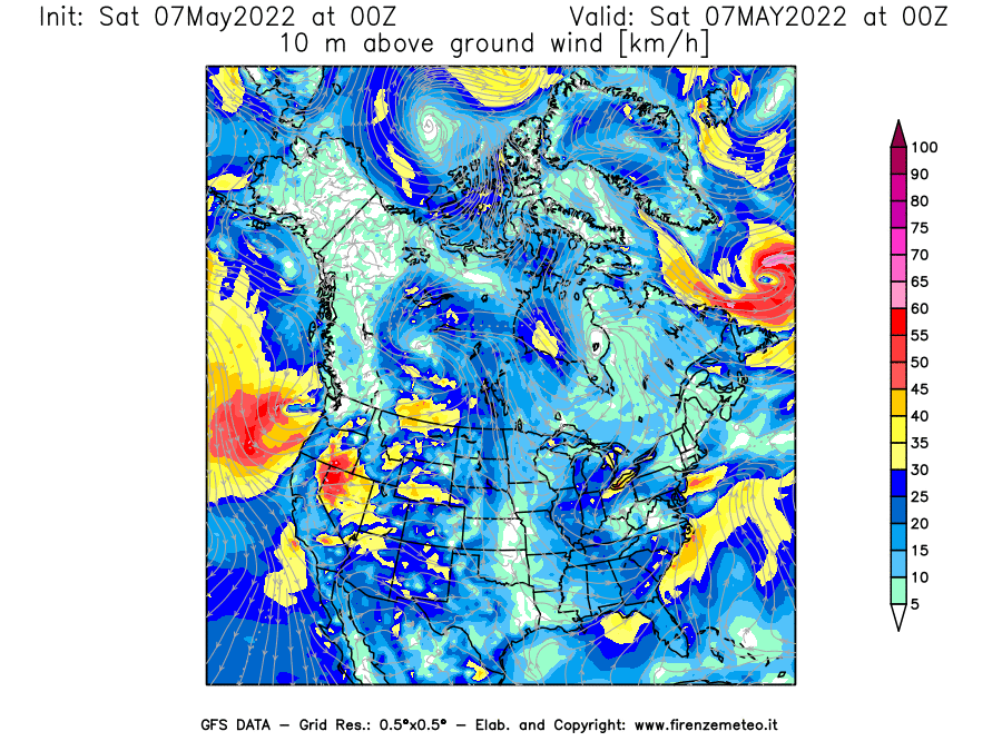 Mappa di analisi GFS - Velocità del vento a 10 metri dal suolo [km/h] in Nord-America
									del 07/05/2022 00 <!--googleoff: index-->UTC<!--googleon: index-->