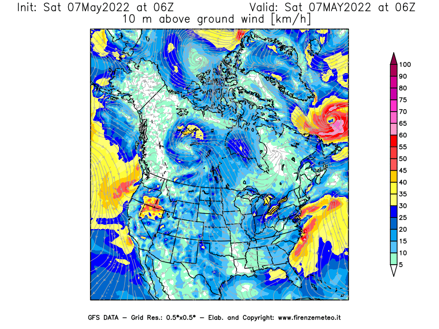 Mappa di analisi GFS - Velocità del vento a 10 metri dal suolo [km/h] in Nord-America
									del 07/05/2022 06 <!--googleoff: index-->UTC<!--googleon: index-->