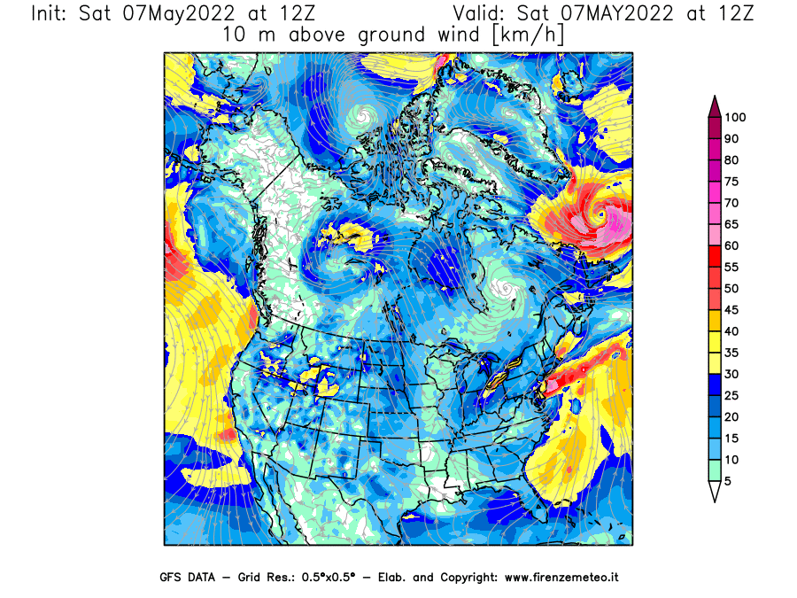 Mappa di analisi GFS - Velocità del vento a 10 metri dal suolo [km/h] in Nord-America
									del 07/05/2022 12 <!--googleoff: index-->UTC<!--googleon: index-->