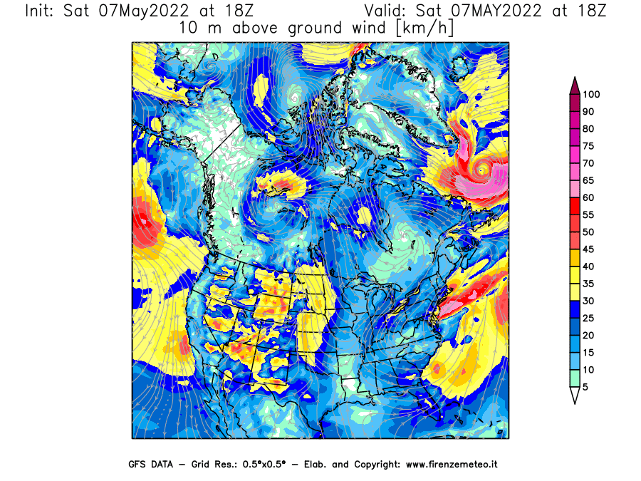 Mappa di analisi GFS - Velocità del vento a 10 metri dal suolo [km/h] in Nord-America
									del 07/05/2022 18 <!--googleoff: index-->UTC<!--googleon: index-->
