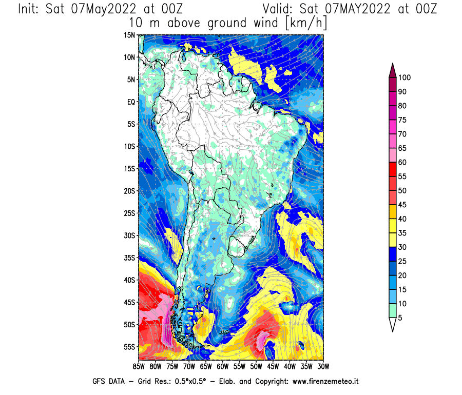 Mappa di analisi GFS - Velocità del vento a 10 metri dal suolo [km/h] in Sud-America
									del 07/05/2022 00 <!--googleoff: index-->UTC<!--googleon: index-->