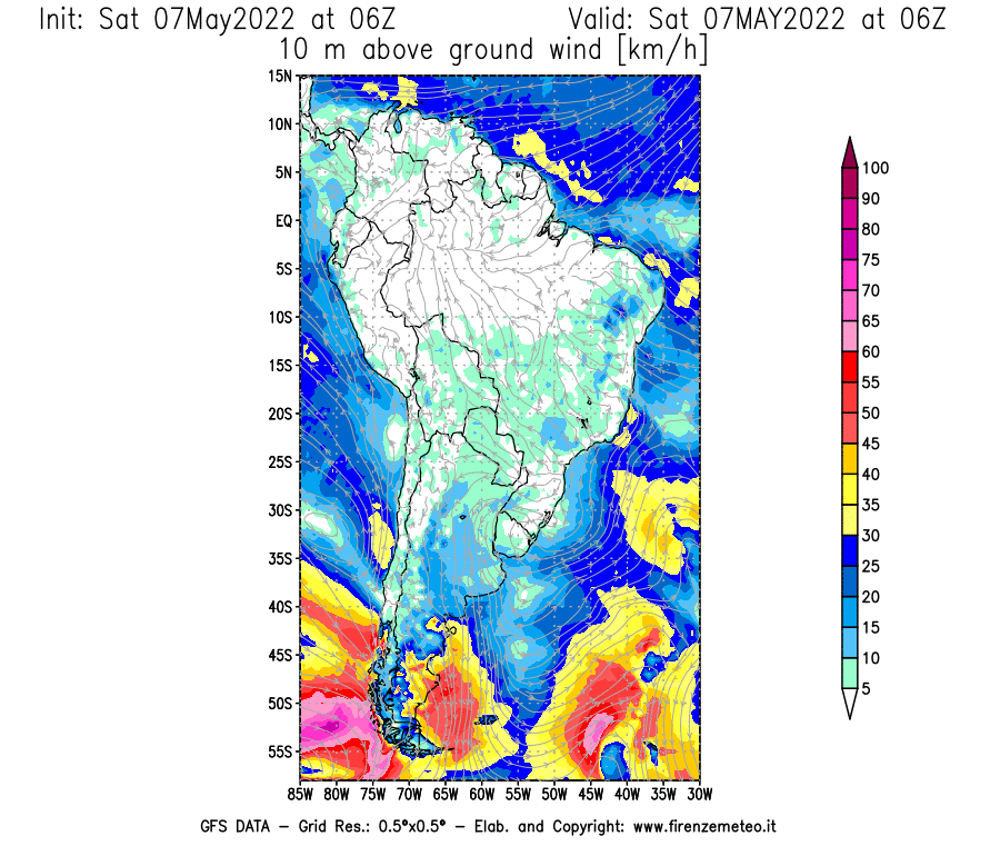 Mappa di analisi GFS - Velocità del vento a 10 metri dal suolo [km/h] in Sud-America
									del 07/05/2022 06 <!--googleoff: index-->UTC<!--googleon: index-->