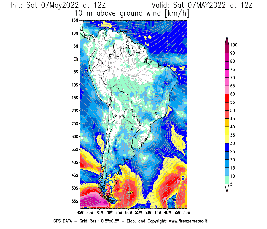 Mappa di analisi GFS - Velocità del vento a 10 metri dal suolo [km/h] in Sud-America
									del 07/05/2022 12 <!--googleoff: index-->UTC<!--googleon: index-->