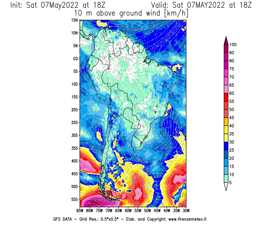 Mappa di analisi GFS - Velocità del vento a 10 metri dal suolo [km/h] in Sud-America
									del 07/05/2022 18 <!--googleoff: index-->UTC<!--googleon: index-->