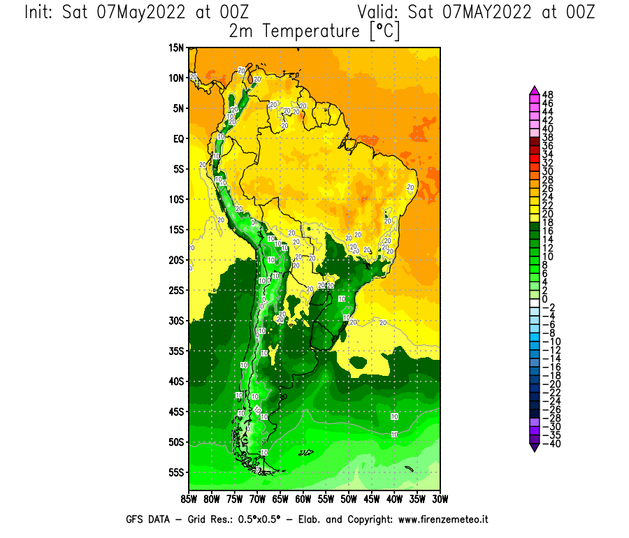 Mappa di analisi GFS - Temperatura a 2 metri dal suolo [°C] in Sud-America
									del 07/05/2022 00 <!--googleoff: index-->UTC<!--googleon: index-->