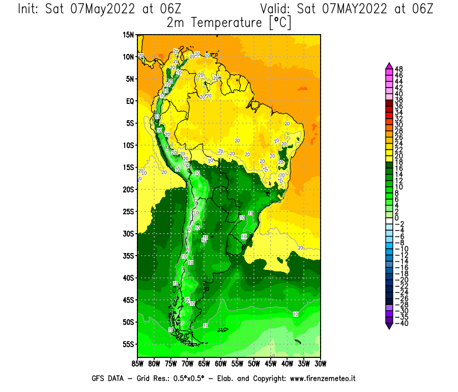 Mappa di analisi GFS - Temperatura a 2 metri dal suolo [°C] in Sud-America
									del 07/05/2022 06 <!--googleoff: index-->UTC<!--googleon: index-->